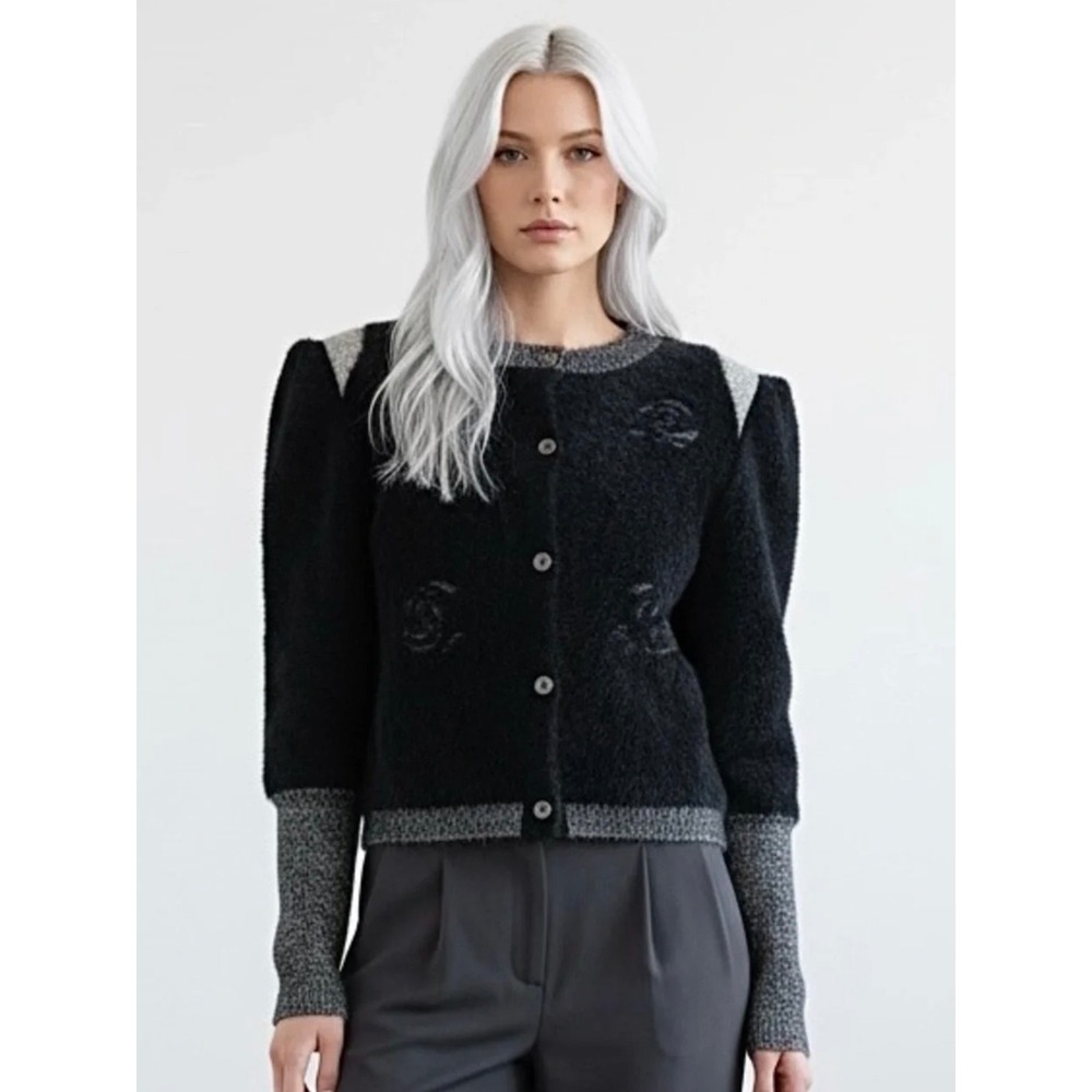 Mundi Black Fuzzy Puff Shoulder Button Front Cardigan Sweater Grey Trim Large